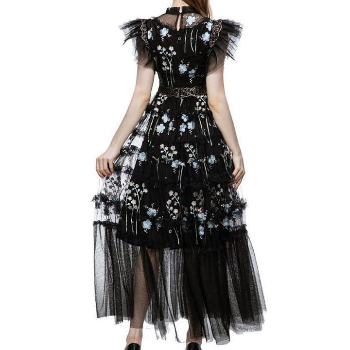 オーガンジーフリルフラワーロングドレス