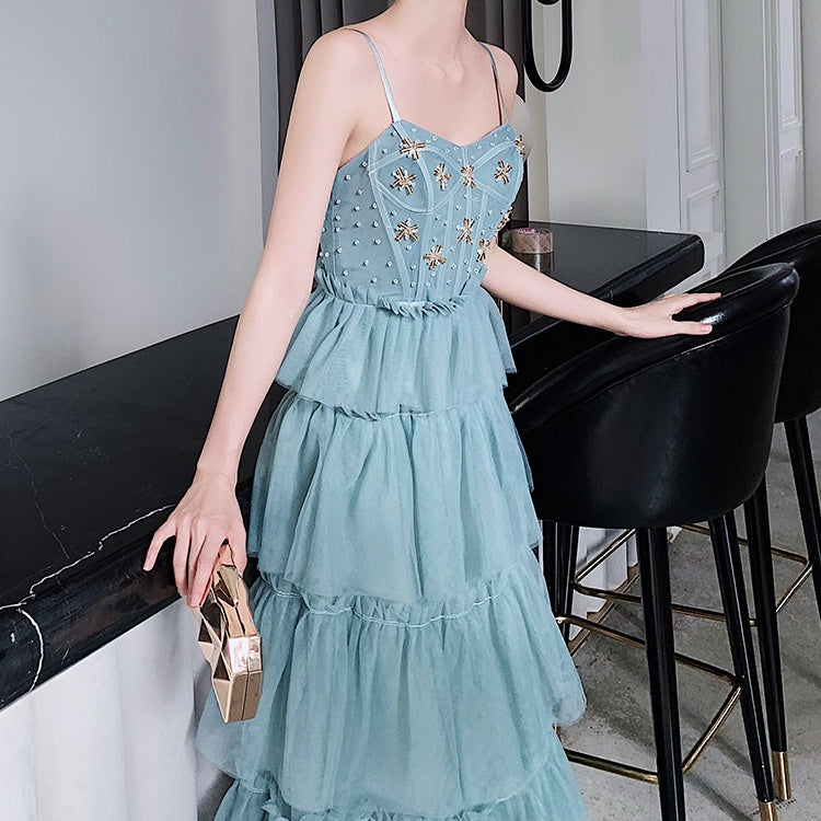 アイスブルービジューシフォンロングドレス