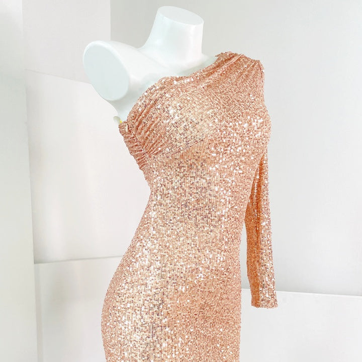 ワンショルダースパンコールタイトミディドレス