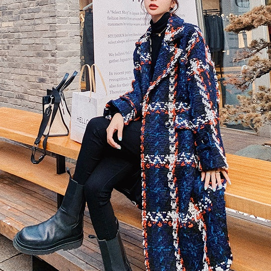 チェック柄ツイードロングコート