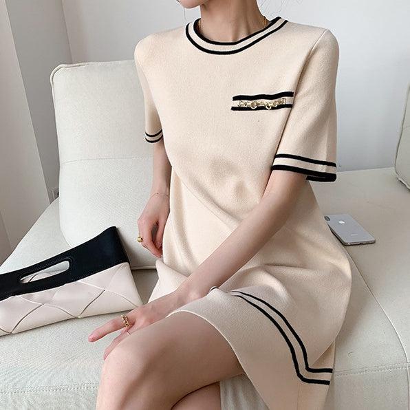 コントラストチェーンニットワンピース