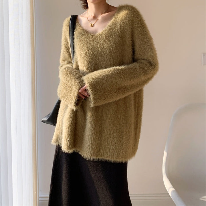 オーバーサイズVネックベルベットニット