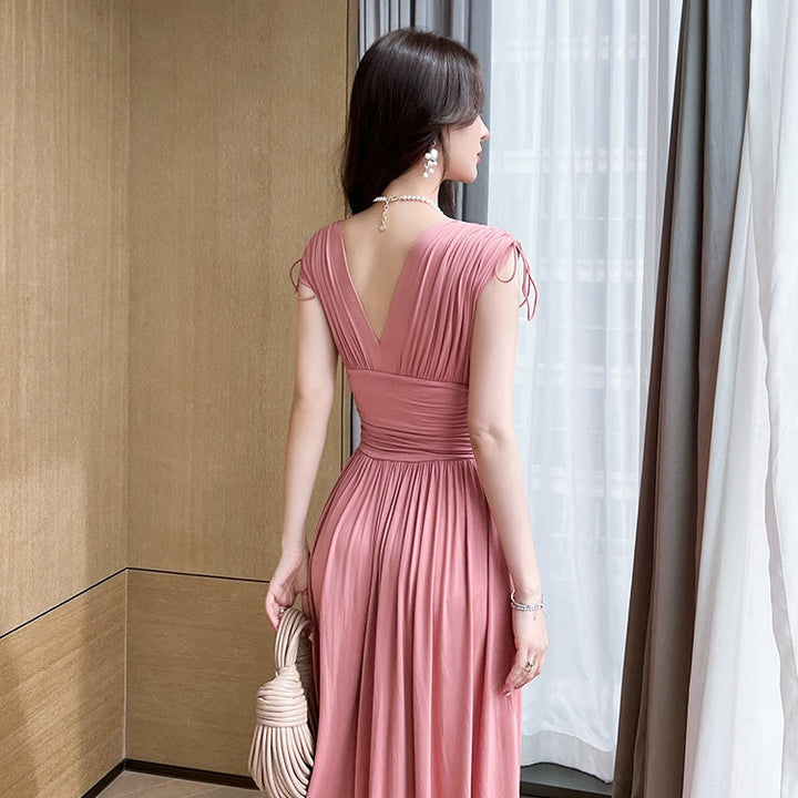 Vネックシャーリングロングワンピース