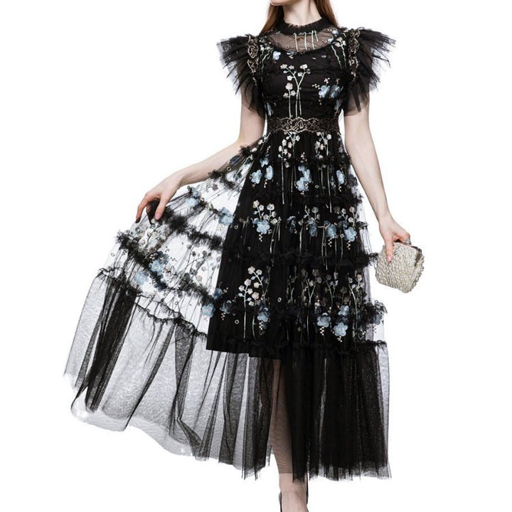 オーガンジーフリルフラワーロングドレス