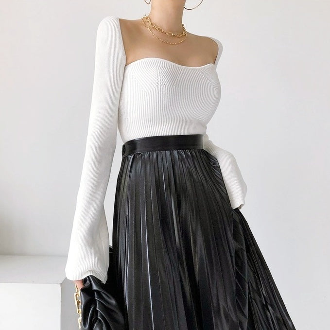 スクエアカラーリブニットトップス