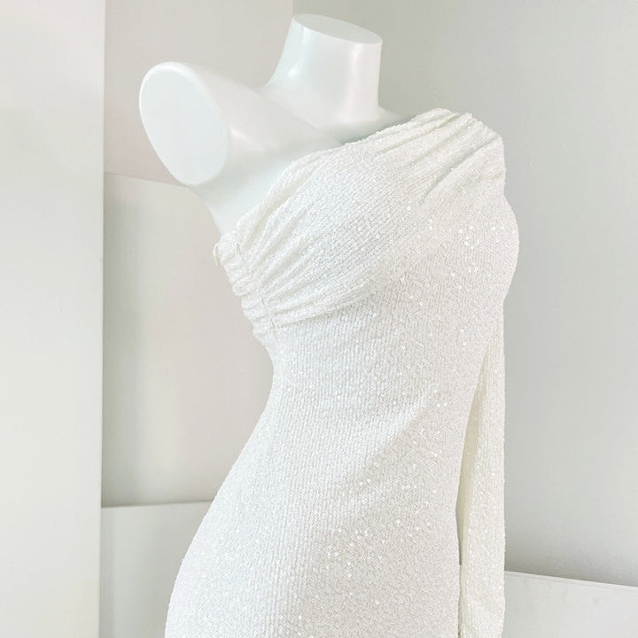 ワンショルダースパンコールタイトミディドレス