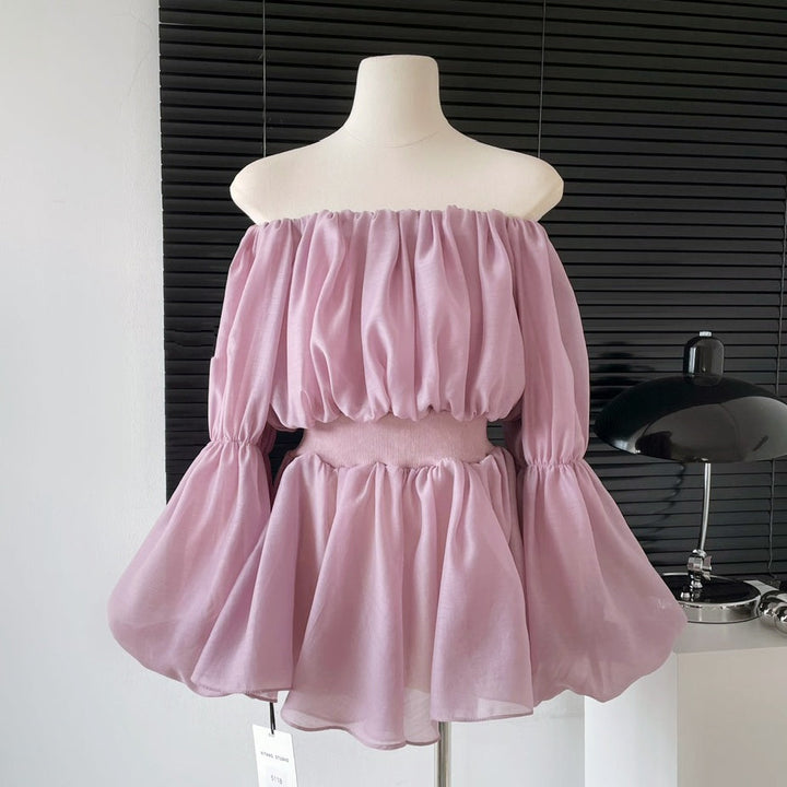 オフショルダーパフスリーブシフォントップス