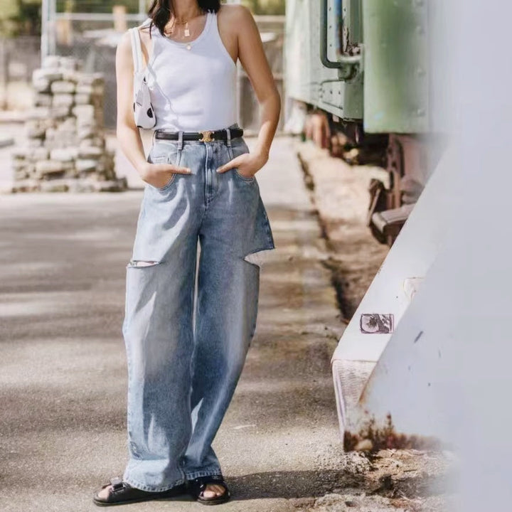 サイドカットルーズデニムパンツ