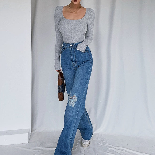 Uネックロングスリーブトップス