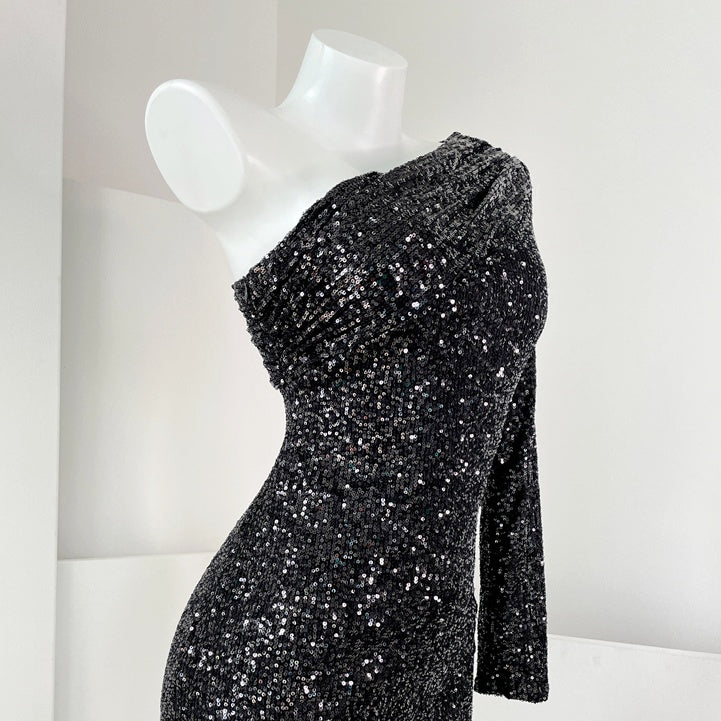 ワンショルダースパンコールタイトミディドレス