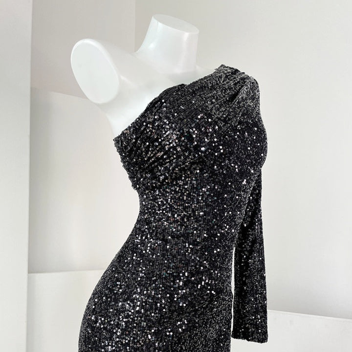 ワンショルダースパンコールタイトミディドレス