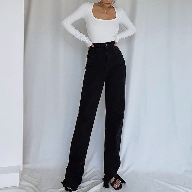 Uネックロングスリーブトップス