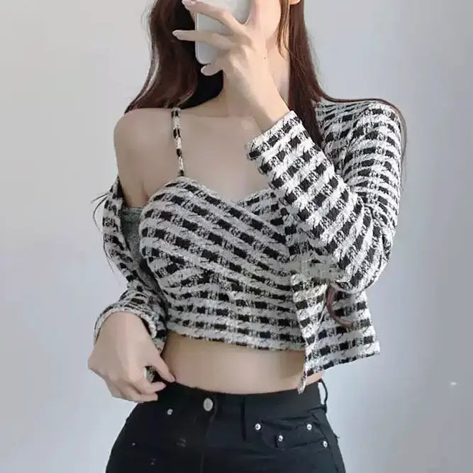 ギンガムチェックキャミカーディガンセット