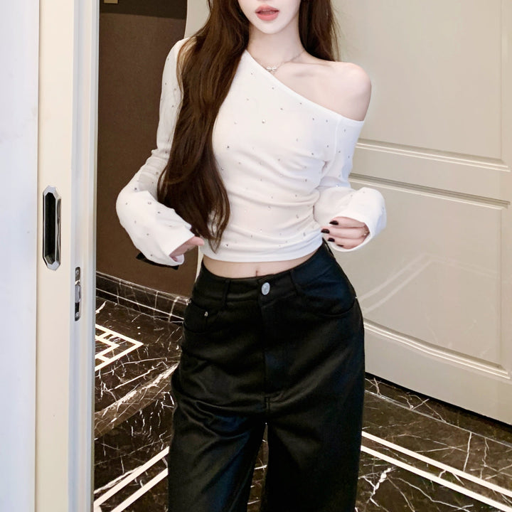 オフショルダーラインストーンタイトトップス