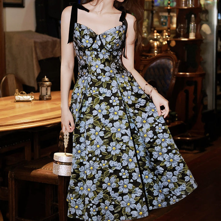 フラワージャガードリボンキャミフレアワンピース