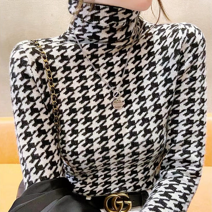 千鳥格子柄タートルネックトップス