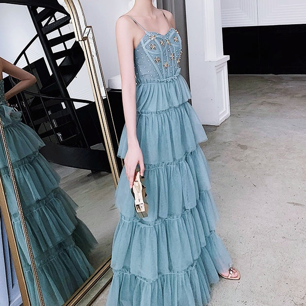 アイスブルービジューシフォンロングドレス