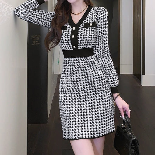 千鳥格子柄Vネックミニワンピース