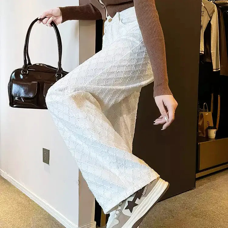 ハイウエストデザインワイドホワイトデニムパンツ