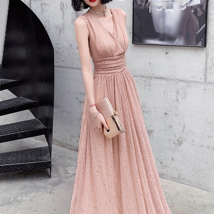 Vネックシャーリングエレガントロングドレス