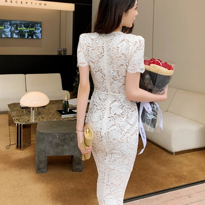 フレンチレトロVネックレースドレス