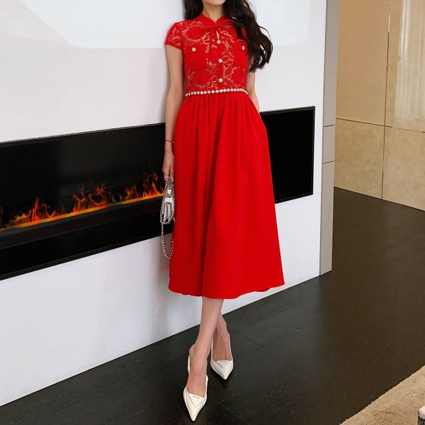 レッドレースリボンタイドレス