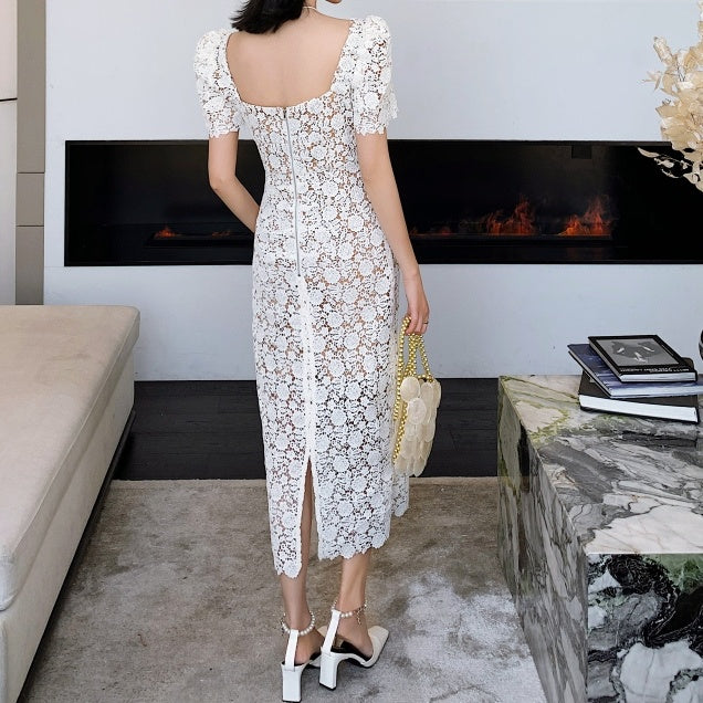 スクエアカラーレースロングワンピース