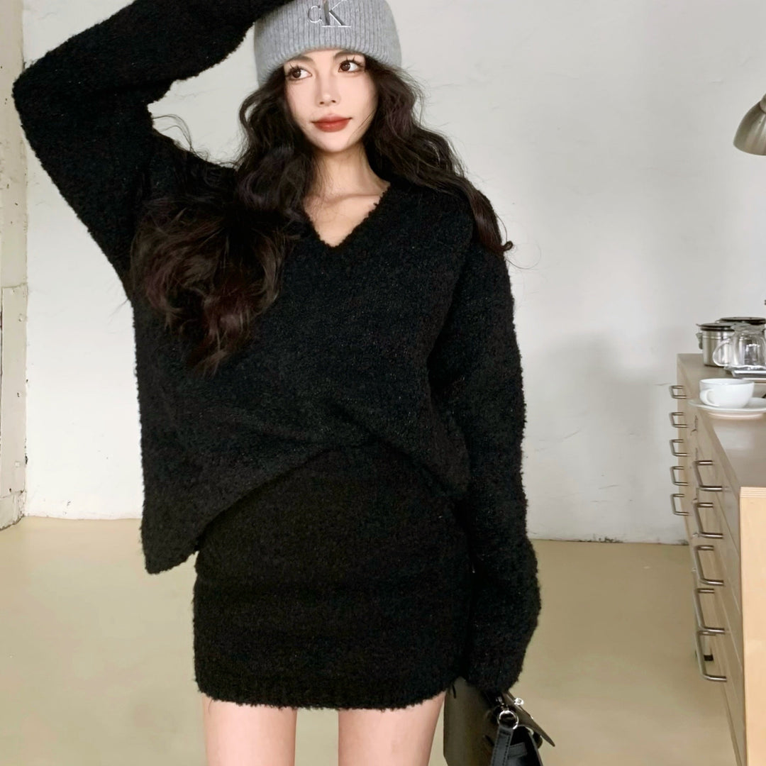 Vネックニットスカートセットアップ