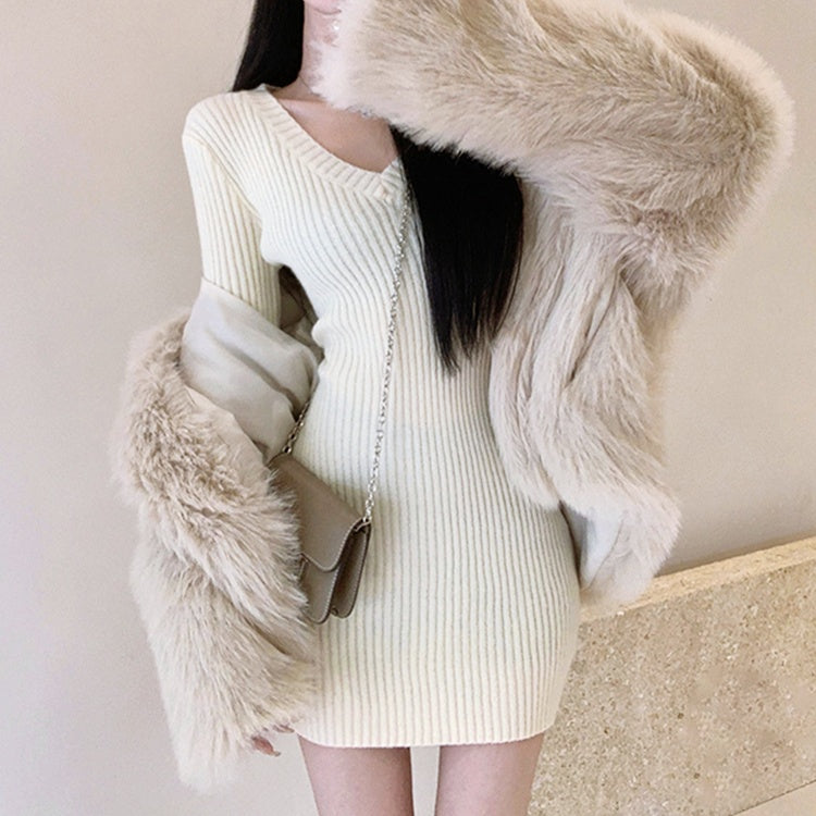 Vネックリブミニワンピース