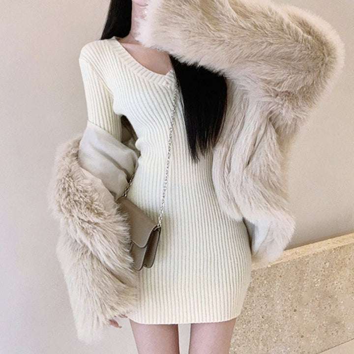 Vネックリブミニワンピース