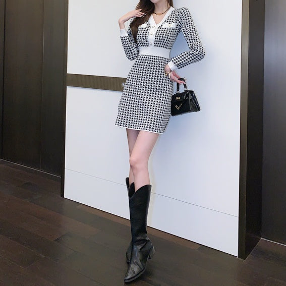 千鳥格子柄Vネックミニワンピース