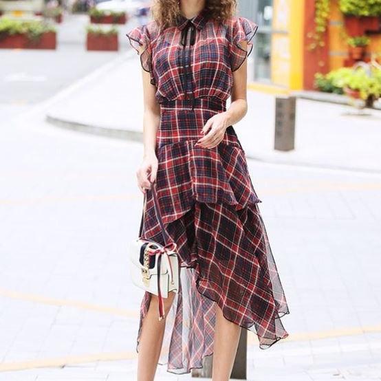 チェック柄シフォンワンピース