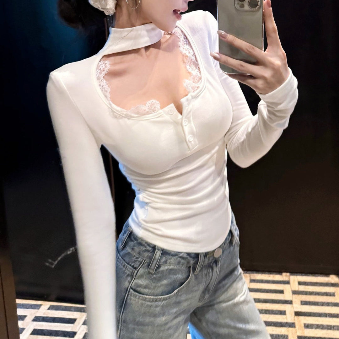 Uネックレースコンビトップス