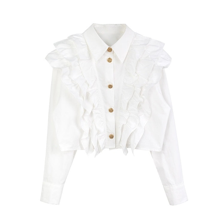 ゴールドボタンラッフルフリルブラウス