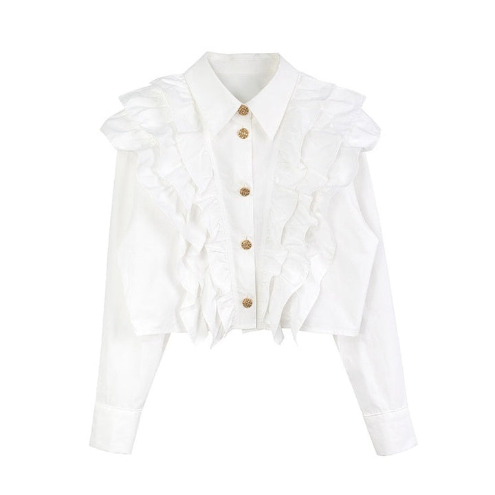 ゴールドボタンラッフルフリルブラウス