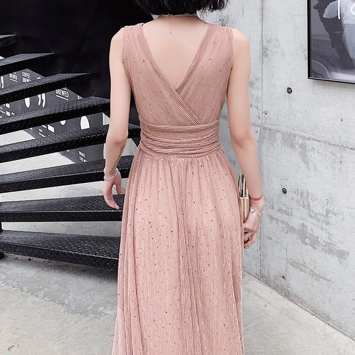 Vネックシャーリングエレガントロングドレス