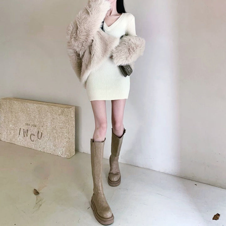 Vネックリブミニワンピース