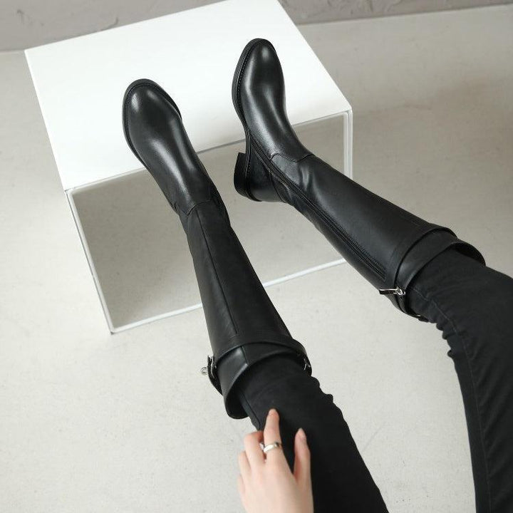 レザーバックルロングブーツ