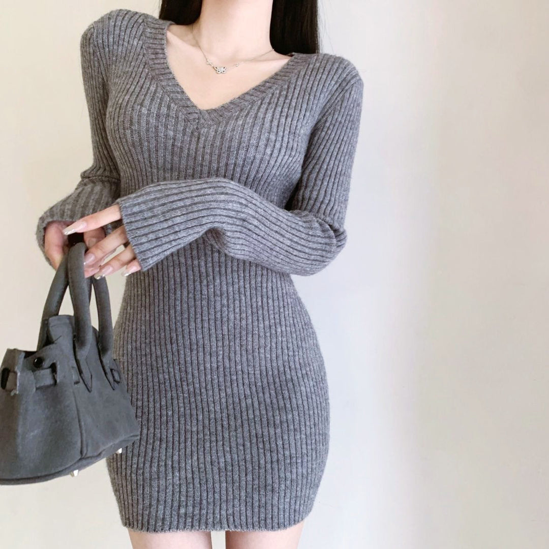 Vネックリブミニワンピース