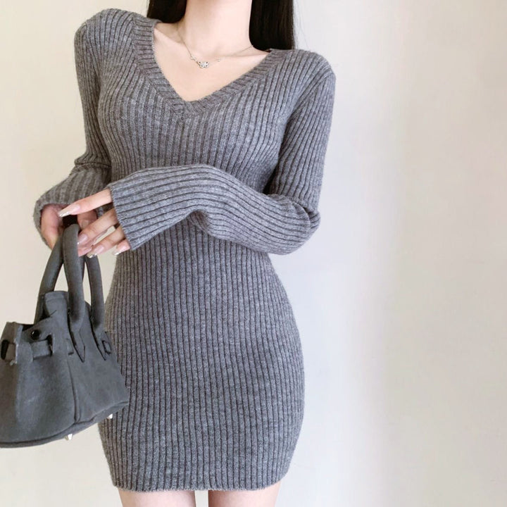 Vネックリブミニワンピース