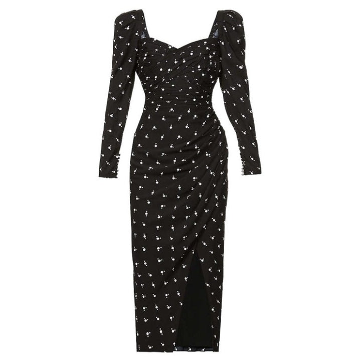 スクエアカラープリントロングワンピース