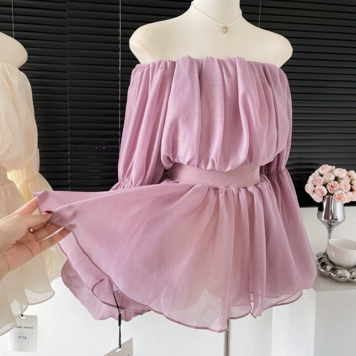 オフショルダーパフスリーブシフォントップス