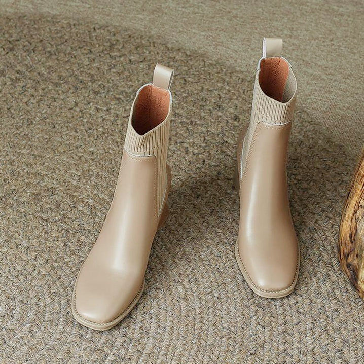 レザーリブストレッチショートブーツ