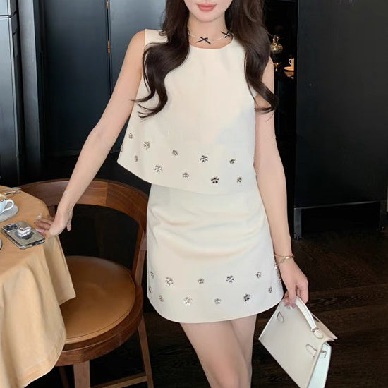 ノースリーブフラワーパーツミニスカートセットアップ