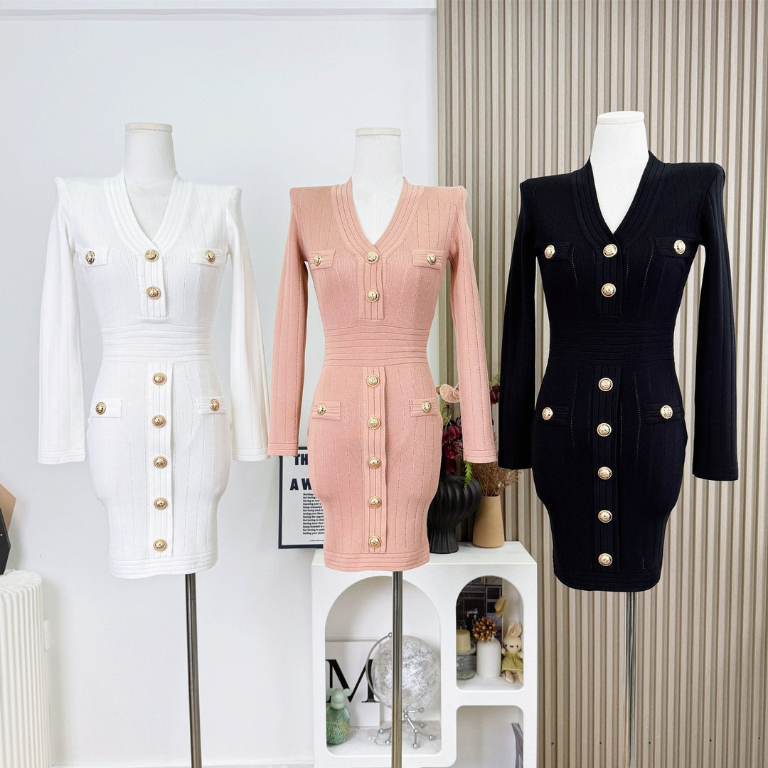 ゴールドボタンVネックタイトワンピース