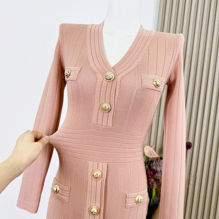 ゴールドボタンVネックタイトワンピース