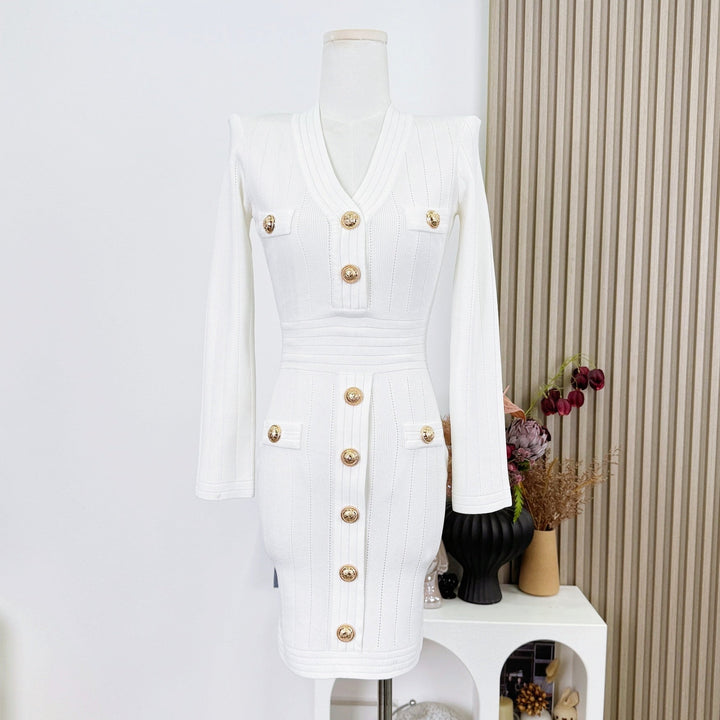 ゴールドボタンVネックタイトワンピース