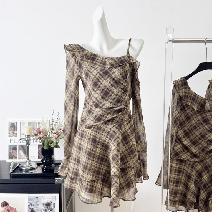 ワンショルダーチェックアシンメトリーワンピース
