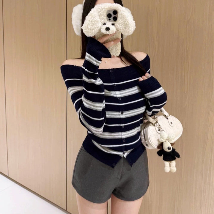 オフショルボーダーニットトップス