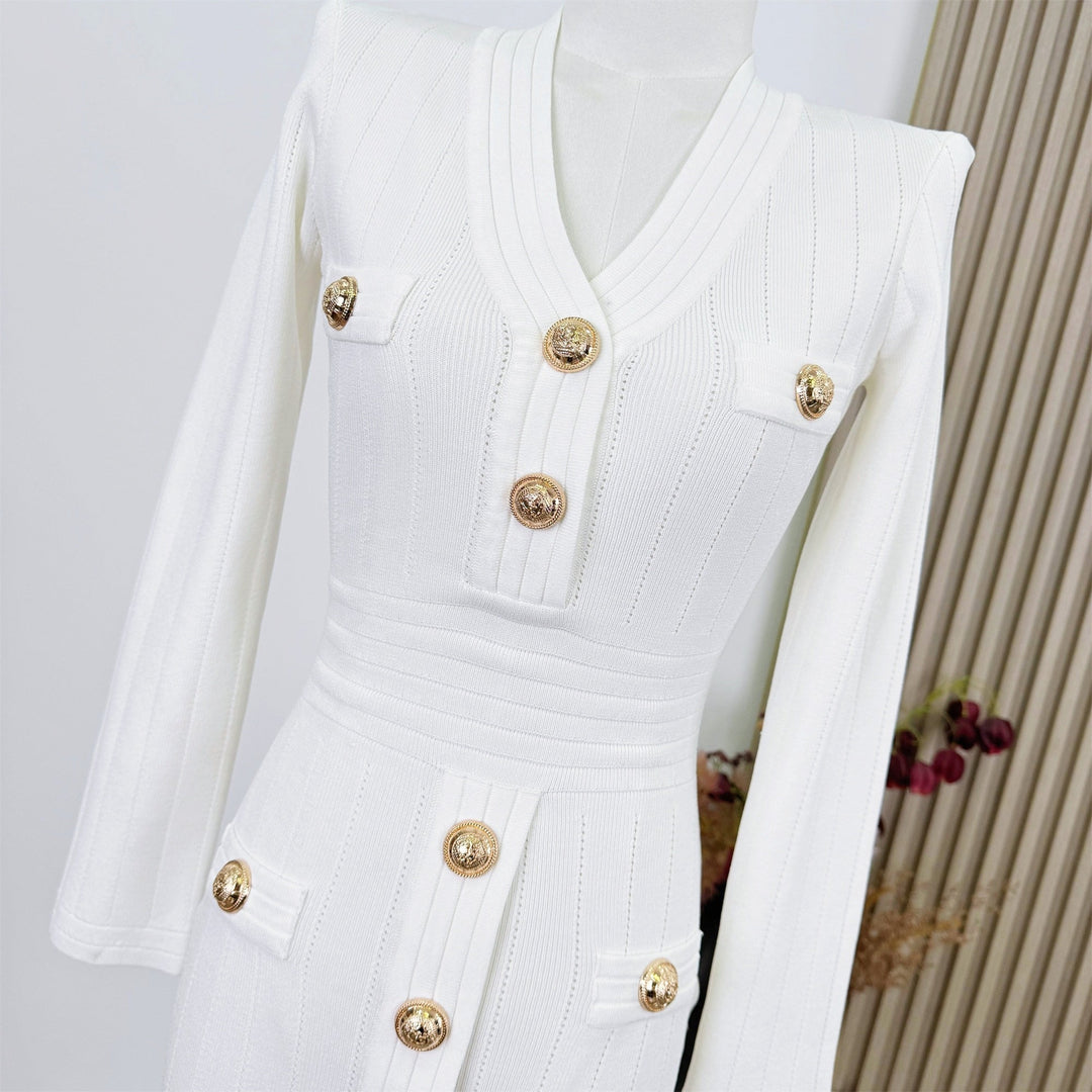 ゴールドボタンVネックタイトワンピース